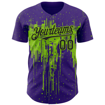 Custom Purple Black-Neon Green 3D Pattern Design Dripping Splatter Paint Authentic Baseball Jersey