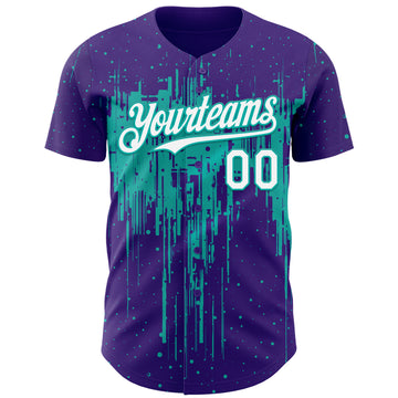 Custom Purple White-Aqua 3D Pattern Design Dripping Splatter Paint Authentic Baseball Jersey