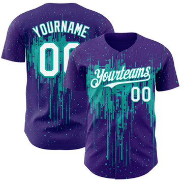 Custom Purple White-Aqua 3D Pattern Design Dripping Splatter Paint Authentic Baseball Jersey