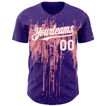 Custom Purple White-Medium Pink 3D Pattern Design Dripping Splatter Paint Authentic Baseball Jersey