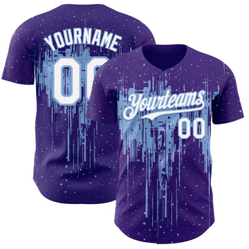 Custom Purple White-Light Blue 3D Pattern Design Dripping Splatter Paint Authentic Baseball Jersey