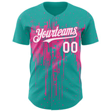 Load image into Gallery viewer, Custom Aqua White-Pink 3D Pattern Design Dripping Splatter Paint Authentic Baseball Jersey
