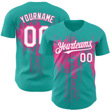 Load image into Gallery viewer, Custom Aqua White-Pink 3D Pattern Design Dripping Splatter Paint Authentic Baseball Jersey
