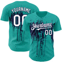 Load image into Gallery viewer, Custom Aqua White-Navy 3D Pattern Design Dripping Splatter Paint Authentic Baseball Jersey
