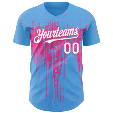 Custom Sky Blue White-Pink 3D Pattern Design Dripping Splatter Paint Authentic Baseball Jersey