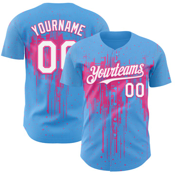 Custom Sky Blue White-Pink 3D Pattern Design Dripping Splatter Paint Authentic Baseball Jersey