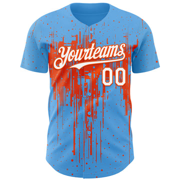 Custom Sky Blue White-Orange 3D Pattern Design Dripping Splatter Paint Authentic Baseball Jersey