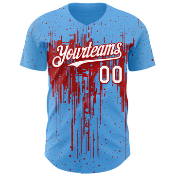 Custom Sky Blue White-Red 3D Pattern Design Dripping Splatter Paint Authentic Baseball Jersey
