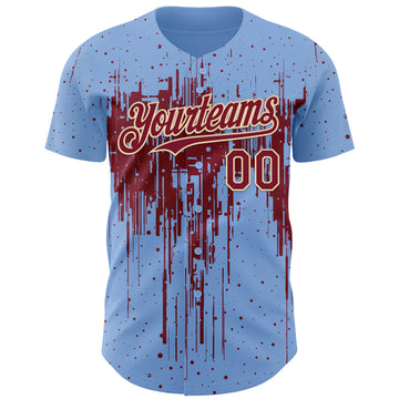Custom Light Blue Crimson-Cream 3D Pattern Design Dripping Splatter Paint Authentic Baseball Jersey