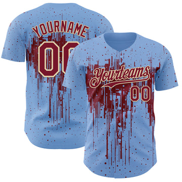 Custom Light Blue Crimson-Cream 3D Pattern Design Dripping Splatter Paint Authentic Baseball Jersey