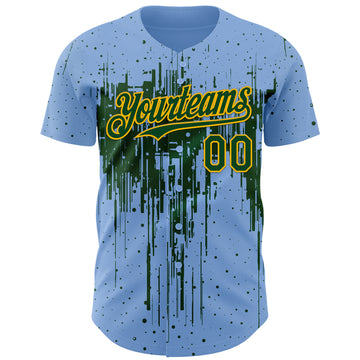 Custom Light Blue Green-Gold 3D Pattern Design Dripping Splatter Paint Authentic Baseball Jersey