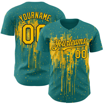 Custom Teal Yellow-Black 3D Pattern Design Dripping Splatter Paint Authentic Baseball Jersey