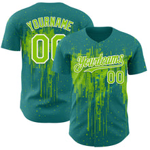 Load image into Gallery viewer, Custom Teal Neon Green-White 3D Pattern Design Dripping Splatter Paint Authentic Baseball Jersey
