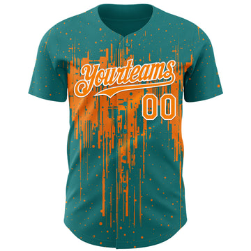 Custom Teal Bay Orange-White 3D Pattern Design Dripping Splatter Paint Authentic Baseball Jersey