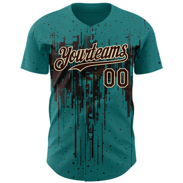 Custom Teal Brown-Cream 3D Pattern Design Dripping Splatter Paint Authentic Baseball Jersey
