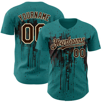 Custom Teal Brown-Cream 3D Pattern Design Dripping Splatter Paint Authentic Baseball Jersey