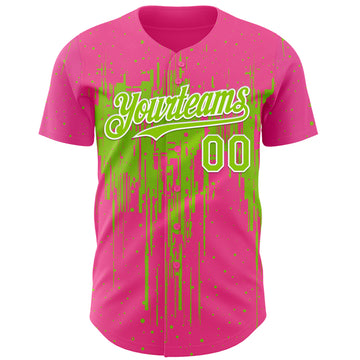 Custom Pink Neon Green-White 3D Pattern Design Dripping Splatter Paint Authentic Baseball Jersey