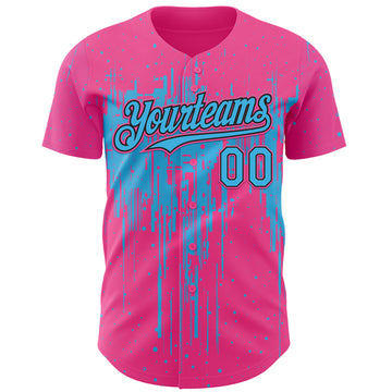 Custom Pink Sky Blue-Black 3D Pattern Design Dripping Splatter Paint Authentic Baseball Jersey