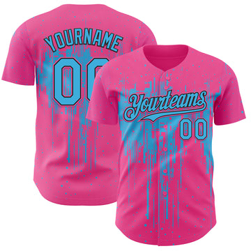 Custom Pink Sky Blue-Black 3D Pattern Design Dripping Splatter Paint Authentic Baseball Jersey