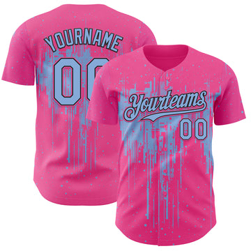 Custom Pink Light Blue-Black 3D Pattern Design Dripping Splatter Paint Authentic Baseball Jersey