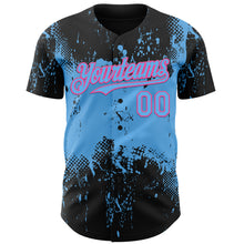 Load image into Gallery viewer, Custom Black Sky Blue-Pink 3D Pattern Design Abstract Splatter Grunge Paint Authentic Baseball Jersey
