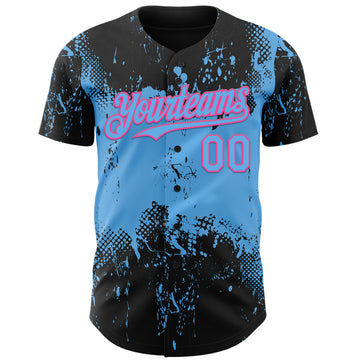 Custom Black Sky Blue-Pink 3D Pattern Design Abstract Splatter Grunge Paint Authentic Baseball Jersey