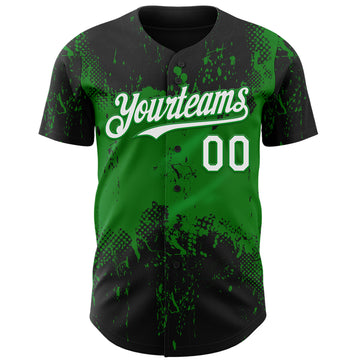 Custom Black White-Grass Green 3D Pattern Design Abstract Splatter Grunge Paint Authentic Baseball Jersey