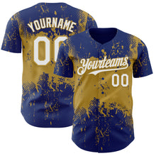 Laden Sie das Bild in den Galerie-Viewer, Custom Royal White-Old Gold 3D Pattern Design Abstract Splatter Grunge Paint Authentic Baseball Jersey

