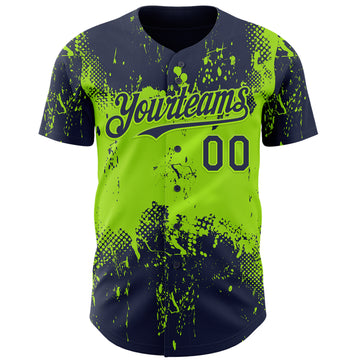 Custom Navy Neon Green 3D Pattern Design Abstract Splatter Grunge Paint Authentic Baseball Jersey