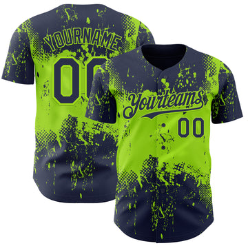 Custom Navy Neon Green 3D Pattern Design Abstract Splatter Grunge Paint Authentic Baseball Jersey