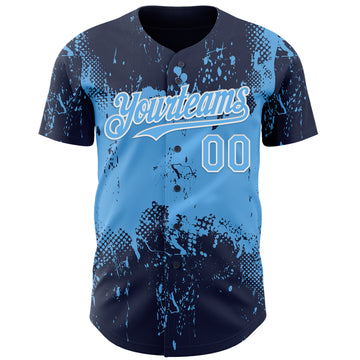 Custom Navy Sky Blue-White 3D Pattern Design Abstract Splatter Grunge Paint Authentic Baseball Jersey