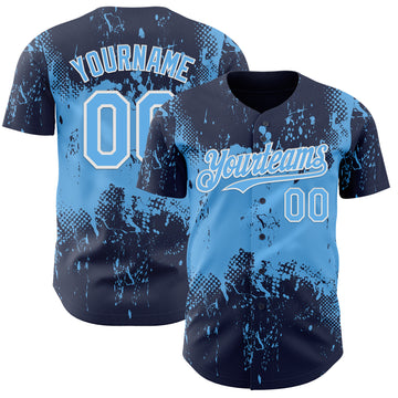 Custom Navy Sky Blue-White 3D Pattern Design Abstract Splatter Grunge Paint Authentic Baseball Jersey