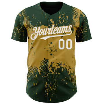Custom Green White-Old Gold 3D Pattern Design Abstract Splatter Grunge Paint Authentic Baseball Jersey