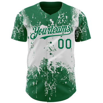 Custom Kelly Green White 3D Pattern Design Abstract Splatter Grunge Paint Authentic Baseball Jersey