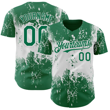 Custom Kelly Green White 3D Pattern Design Abstract Splatter Grunge Paint Authentic Baseball Jersey