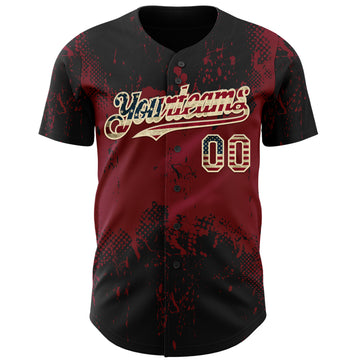 Custom Black Vintage USA Flag Crimson-Cream 3D Pattern Design Abstract Splatter Grunge Paint Authentic Baseball Jersey