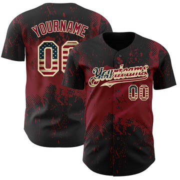 Custom Black Vintage USA Flag Crimson-Cream 3D Pattern Design Abstract Splatter Grunge Paint Authentic Baseball Jersey