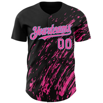 Custom Black Pink-Light Blue 3D Pattern Design Paint Stroke Grunge Streak Authentic Baseball Jersey