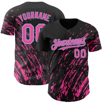 Custom Black Pink-Light Blue 3D Pattern Design Paint Stroke Grunge Streak Authentic Baseball Jersey