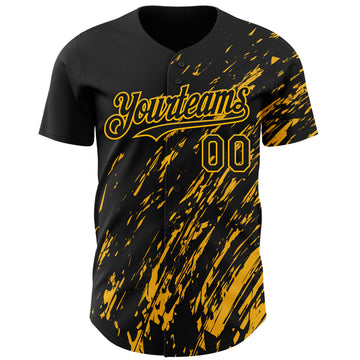 Custom Black Gold 3D Pattern Design Paint Stroke Grunge Streak Authentic Baseball Jersey