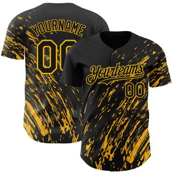 Custom Black Gold 3D Pattern Design Paint Stroke Grunge Streak Authentic Baseball Jersey