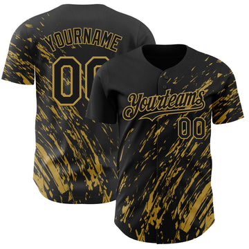 Custom Black Old Gold 3D Pattern Design Paint Stroke Grunge Streak Authentic Baseball Jersey