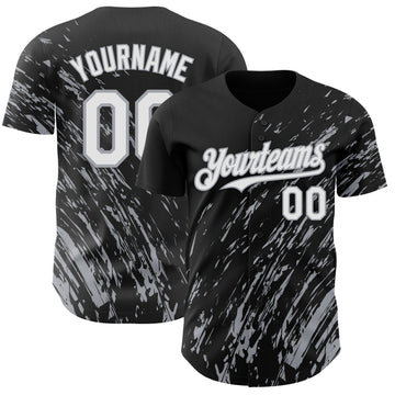 Custom Black White-Gray 3D Pattern Design Paint Stroke Grunge Streak Authentic Baseball Jersey