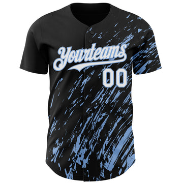Custom Black White-Light Blue 3D Pattern Design Paint Stroke Grunge Streak Authentic Baseball Jersey