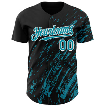 Custom Black Teal-White 3D Pattern Design Paint Stroke Grunge Streak Authentic Baseball Jersey