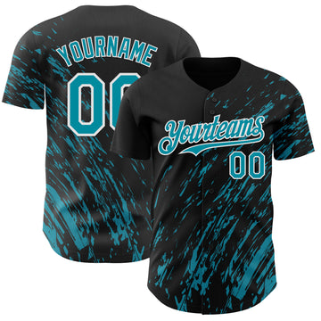 Custom Black Teal-White 3D Pattern Design Paint Stroke Grunge Streak Authentic Baseball Jersey