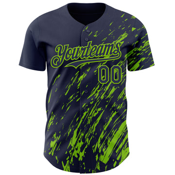 Custom Navy Neon Green 3D Pattern Design Paint Stroke Grunge Streak Authentic Baseball Jersey