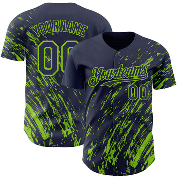 Custom Navy Neon Green 3D Pattern Design Paint Stroke Grunge Streak Authentic Baseball Jersey