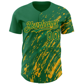 Custom Kelly Green Gold 3D Pattern Design Paint Stroke Grunge Streak Authentic Baseball Jersey