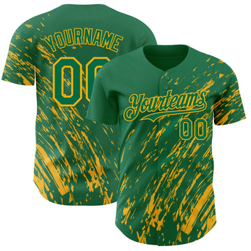 Custom Kelly Green Gold 3D Pattern Design Paint Stroke Grunge Streak Authentic Baseball Jersey